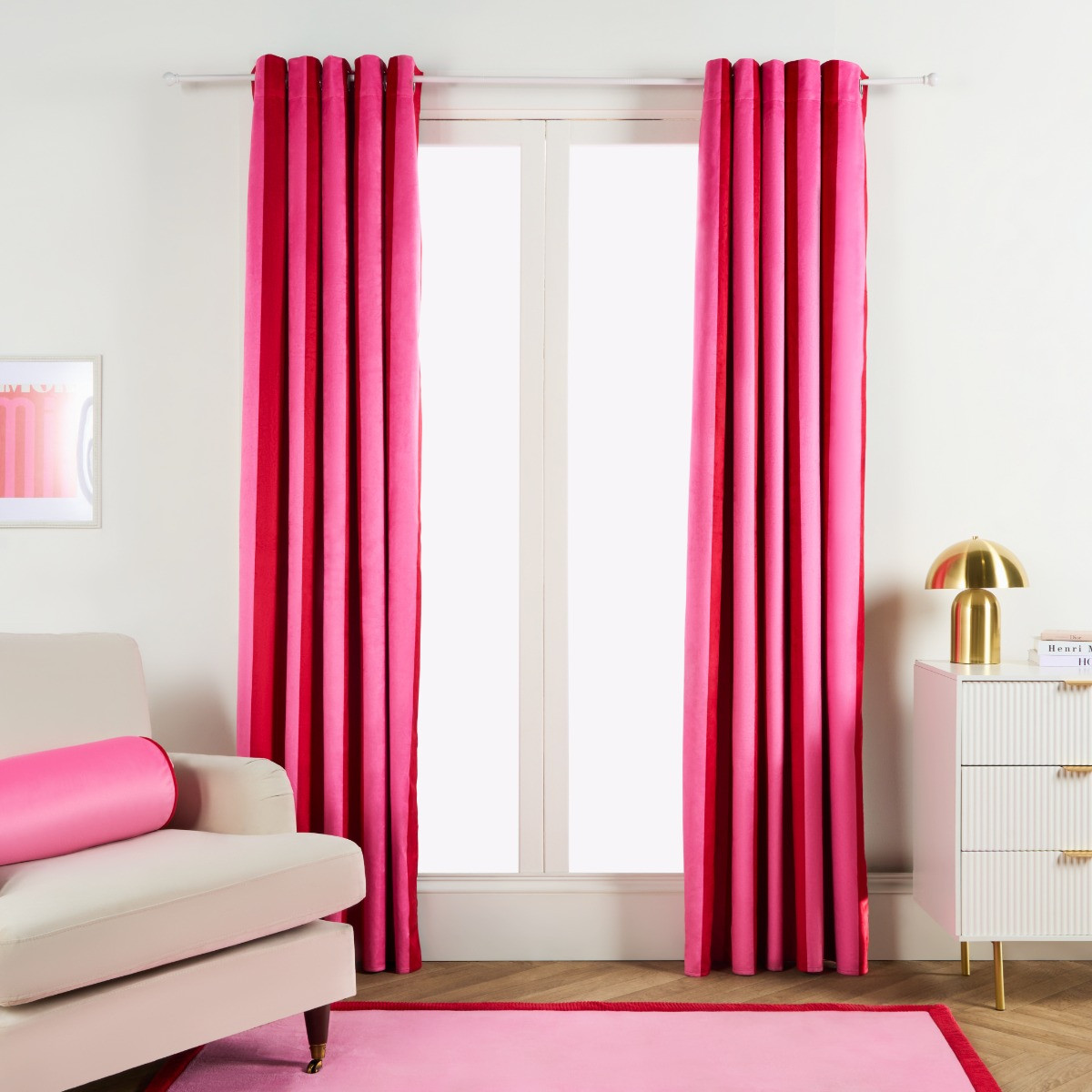 OHS Stripe Print Eyelet Ultra Blackout Curtains, Hot Pink - 90 x 90in>