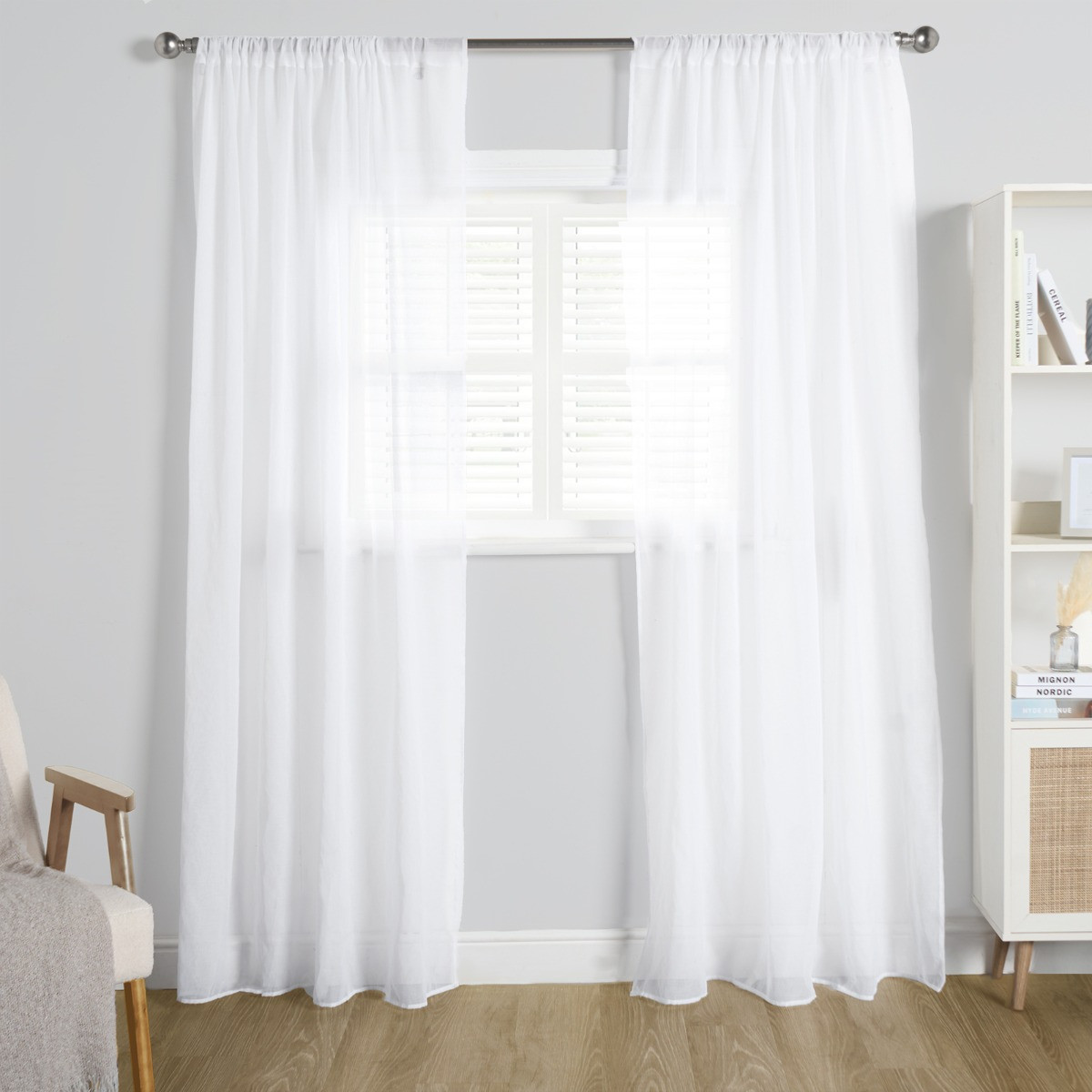 OHS Linen Look Slot Top Voile Curtains (Pair) - White>