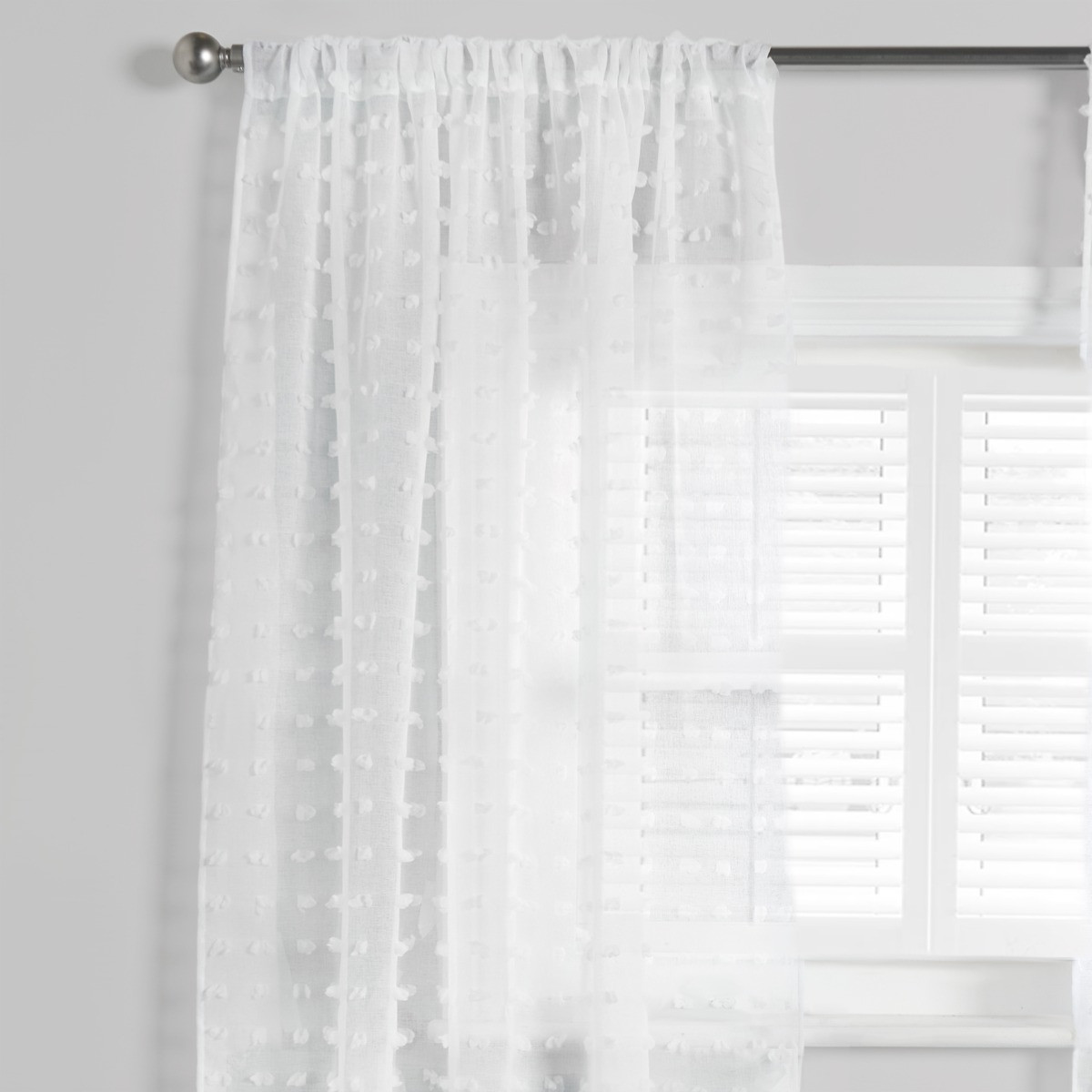 OHS Pompom Tufted Voile Curtains (Pair) - White>