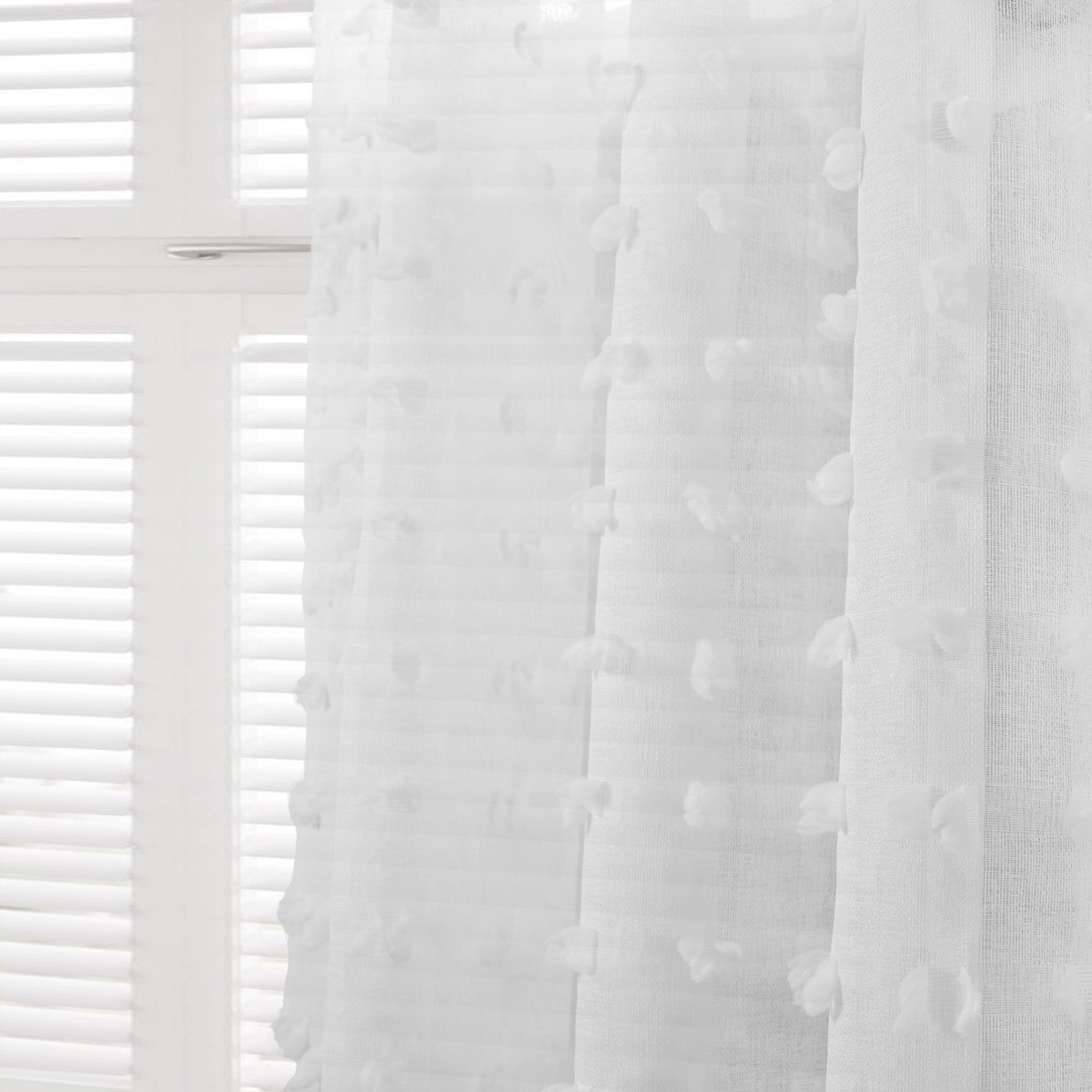OHS Pompom Tufted Voile Curtains (Pair) - White>