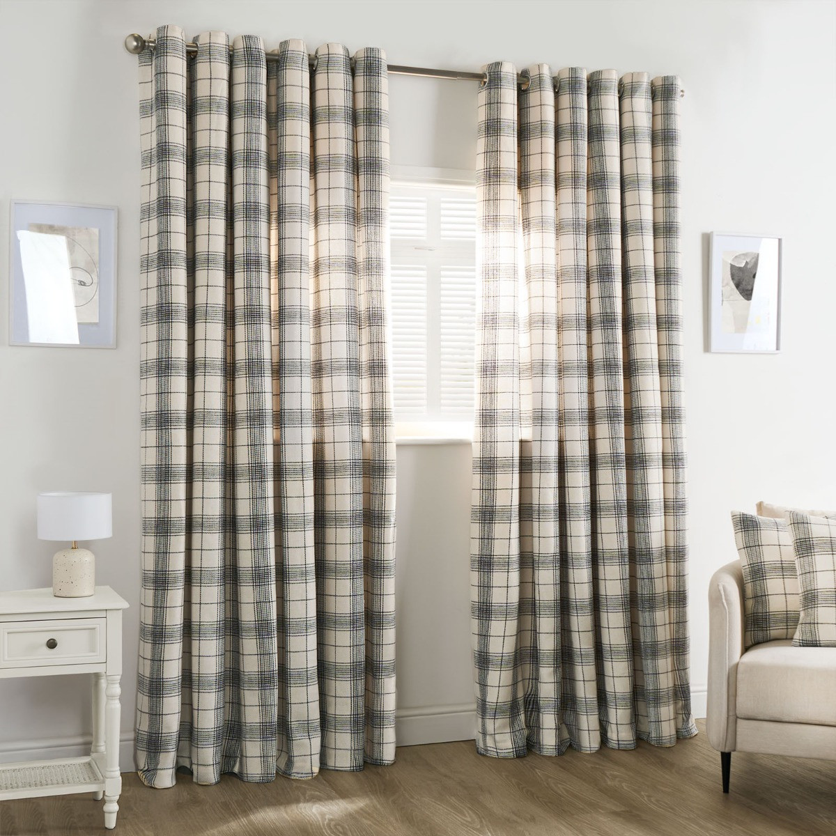 OHS Woven Check Eyelet Curtains - Cream>