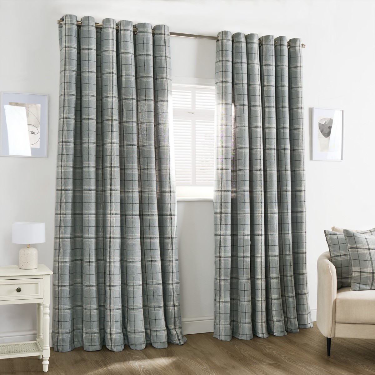OHS Woven Texture Check Print Eyelet Blackout Curtains, Grey - 66 x 72">