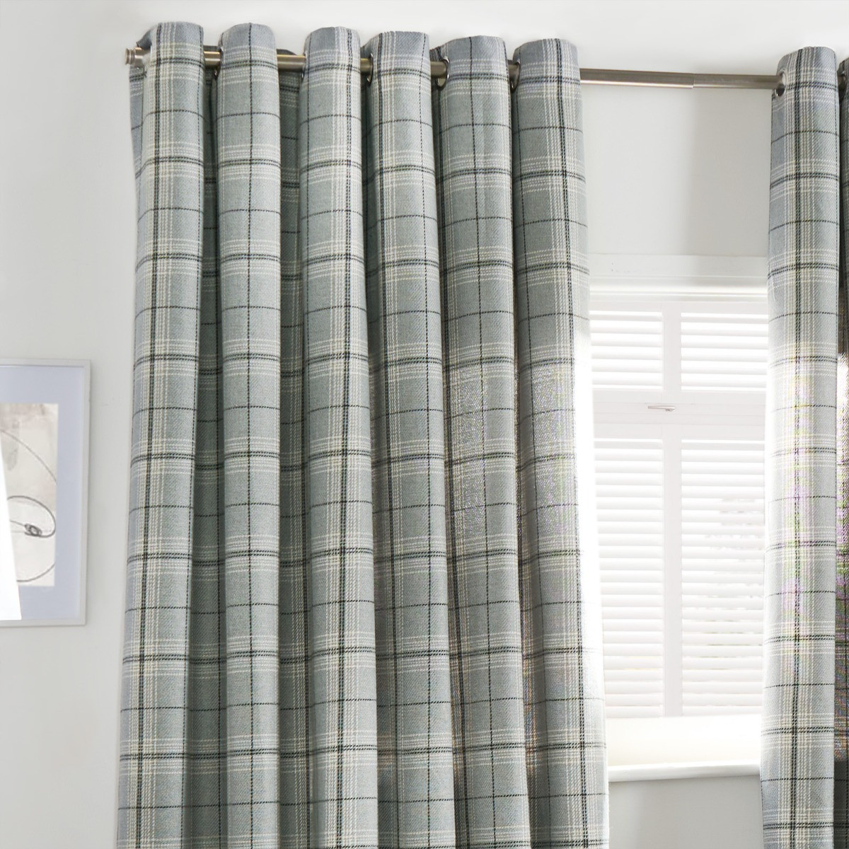 OHS Woven Texture Check Print Eyelet Blackout Curtains, Grey - 66 x 90">