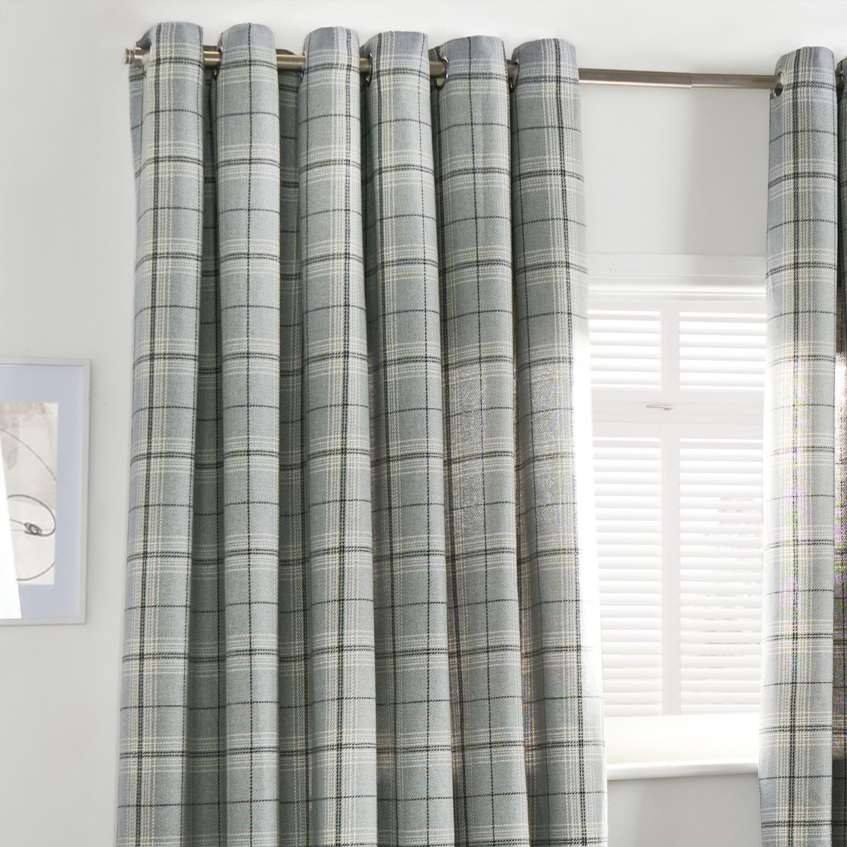 OHS Woven Check Eyelet Curtains - Grey>