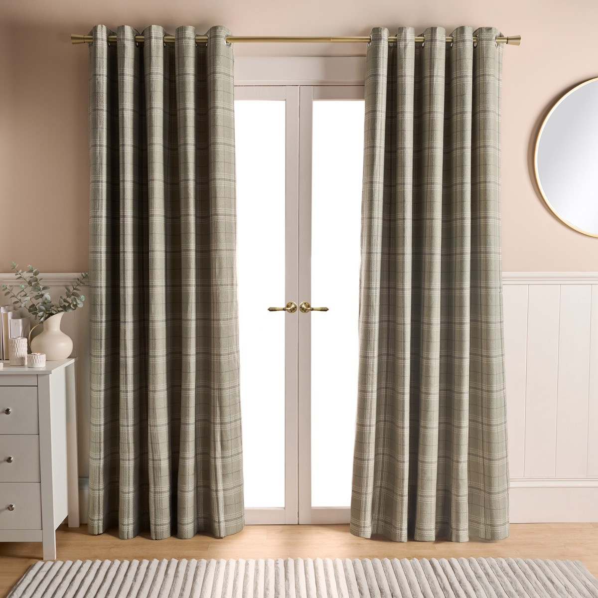 OHS Woven Texture Check Print Eyelet Blackout Curtains, Sage - 66 x 72">