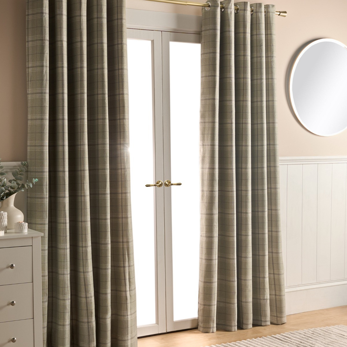 OHS Woven Texture Check Print Eyelet Blackout Curtains, Sage - 66 x 72">