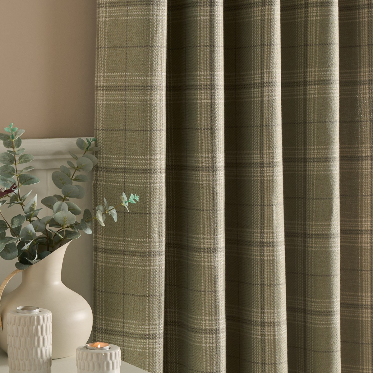 OHS Woven Texture Check Print Eyelet Blackout Curtains, Sage - 66 x 72">