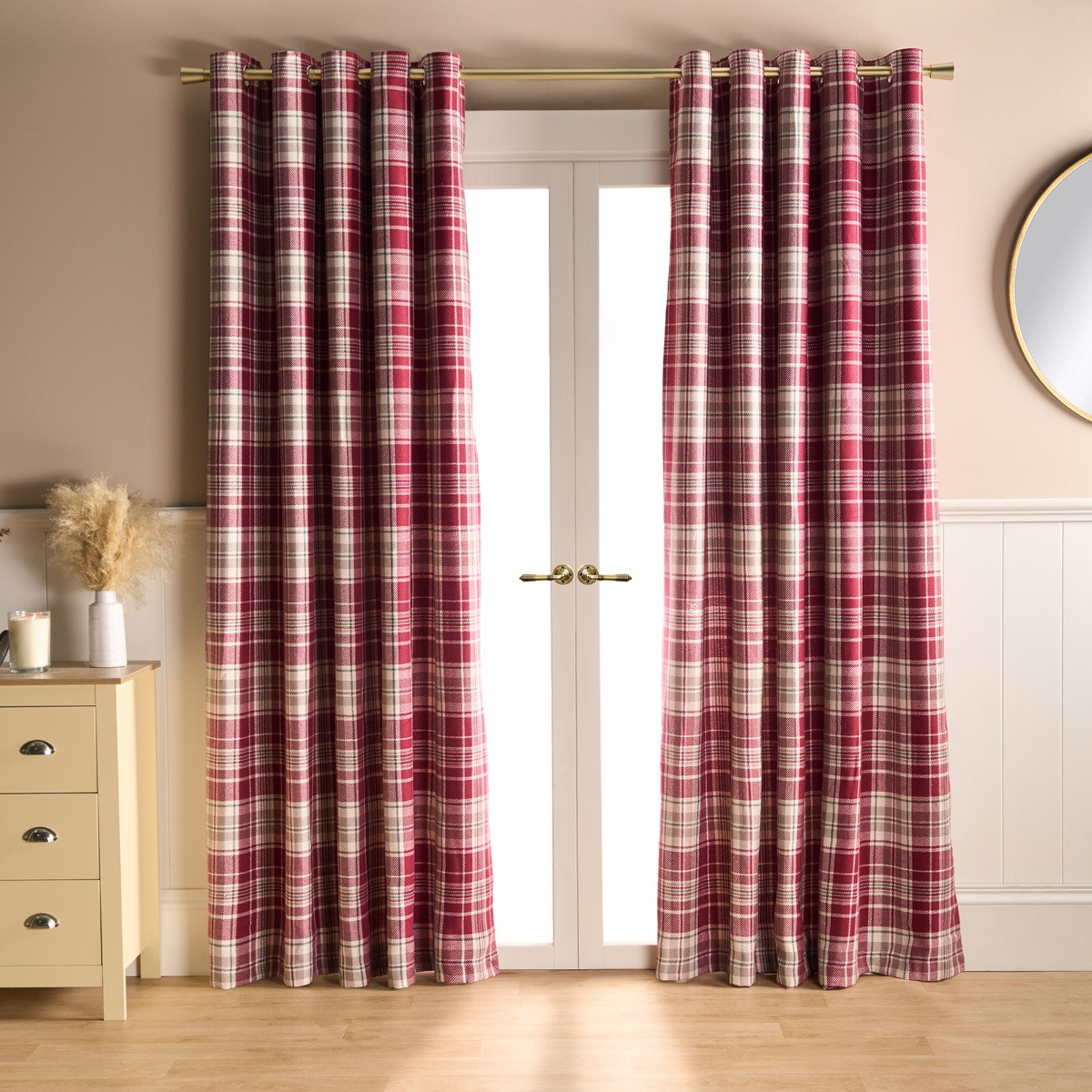 OHS Woven Check Eyelet Curtains, Dorset Red - 46 x 54">