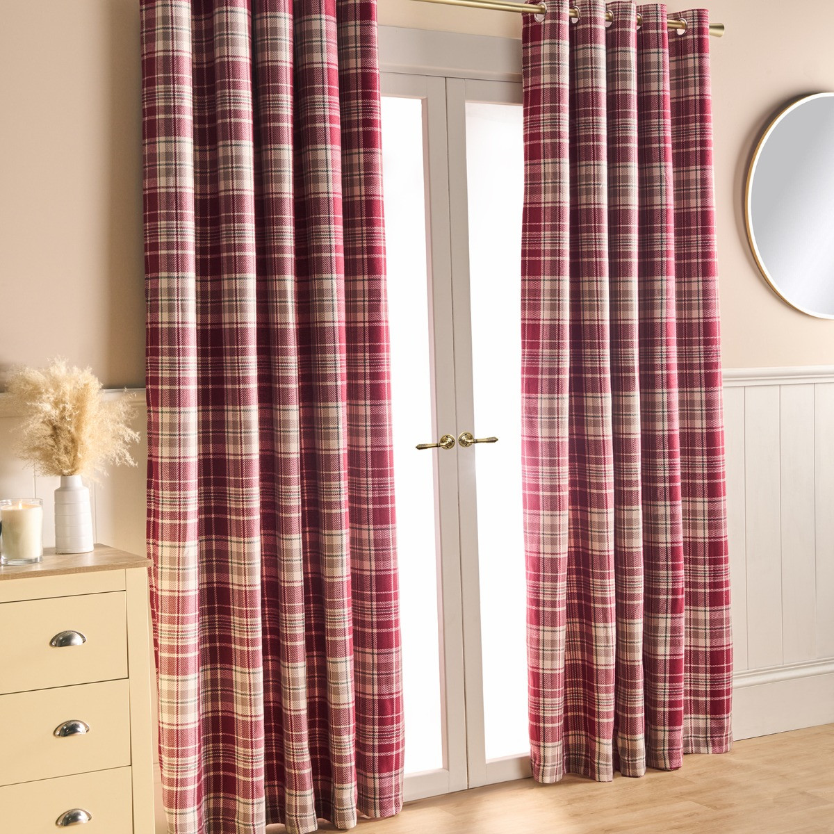 OHS Woven Check Eyelet Curtains, Dorset Red - 66 x 72">