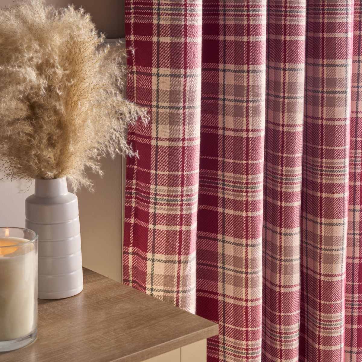 OHS Woven Check Eyelet Curtains - Dorset Red>