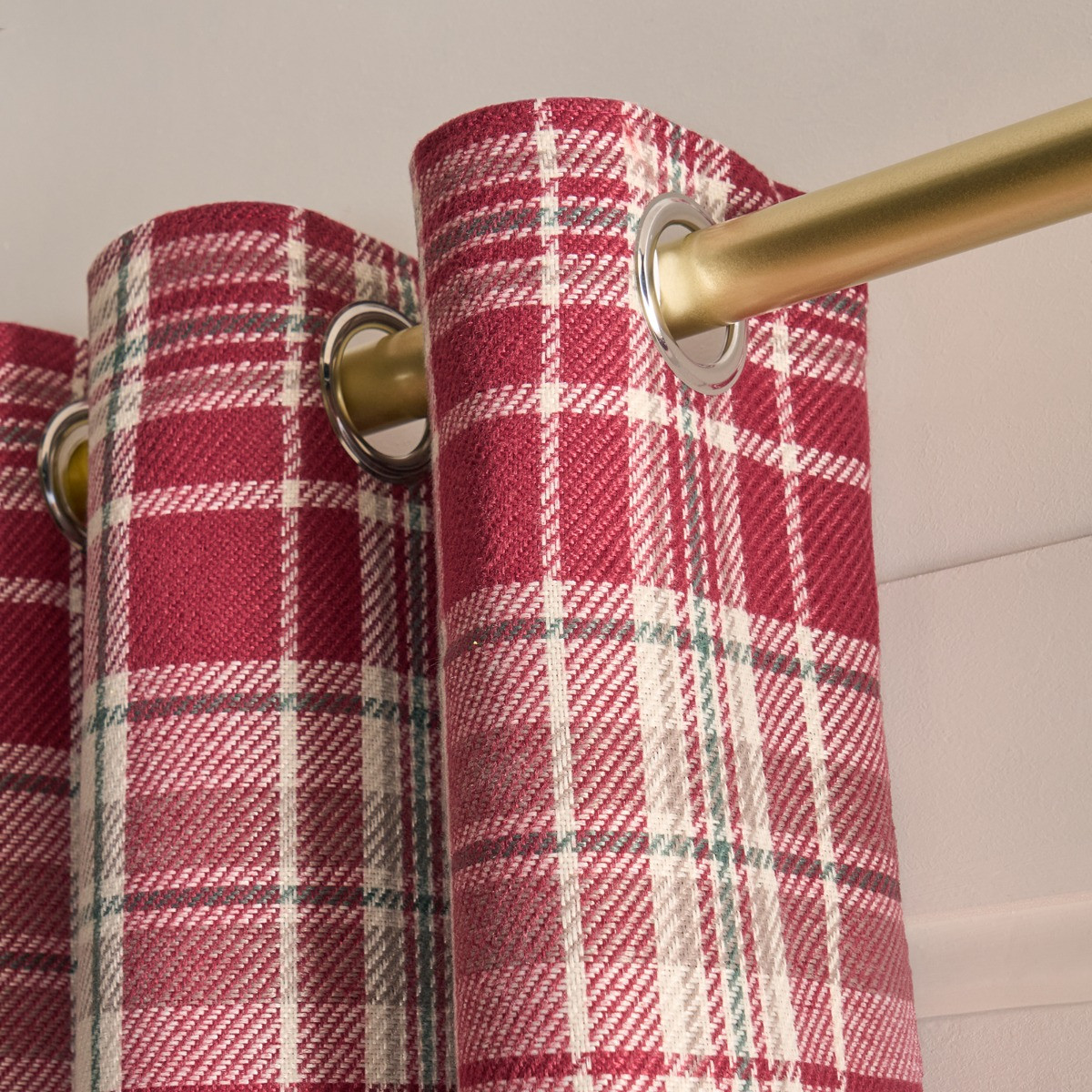 OHS Woven Check Eyelet Curtains, Dorset Red - 46 x 72">