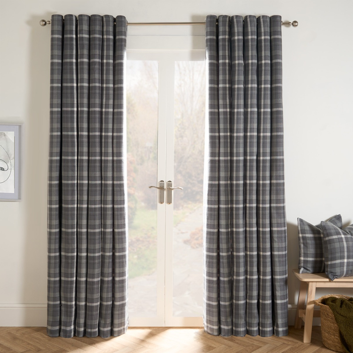 OHS Woven Check Eyelet Curtains, Winsford Charcoal - 66 x 72">