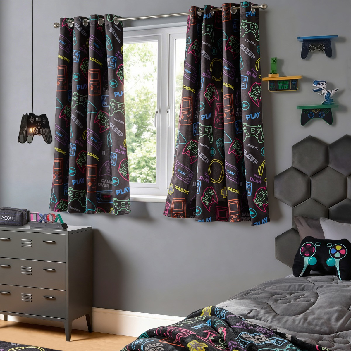OHS Kids Gaming Blackout Curtains, Black - 46 x 72">