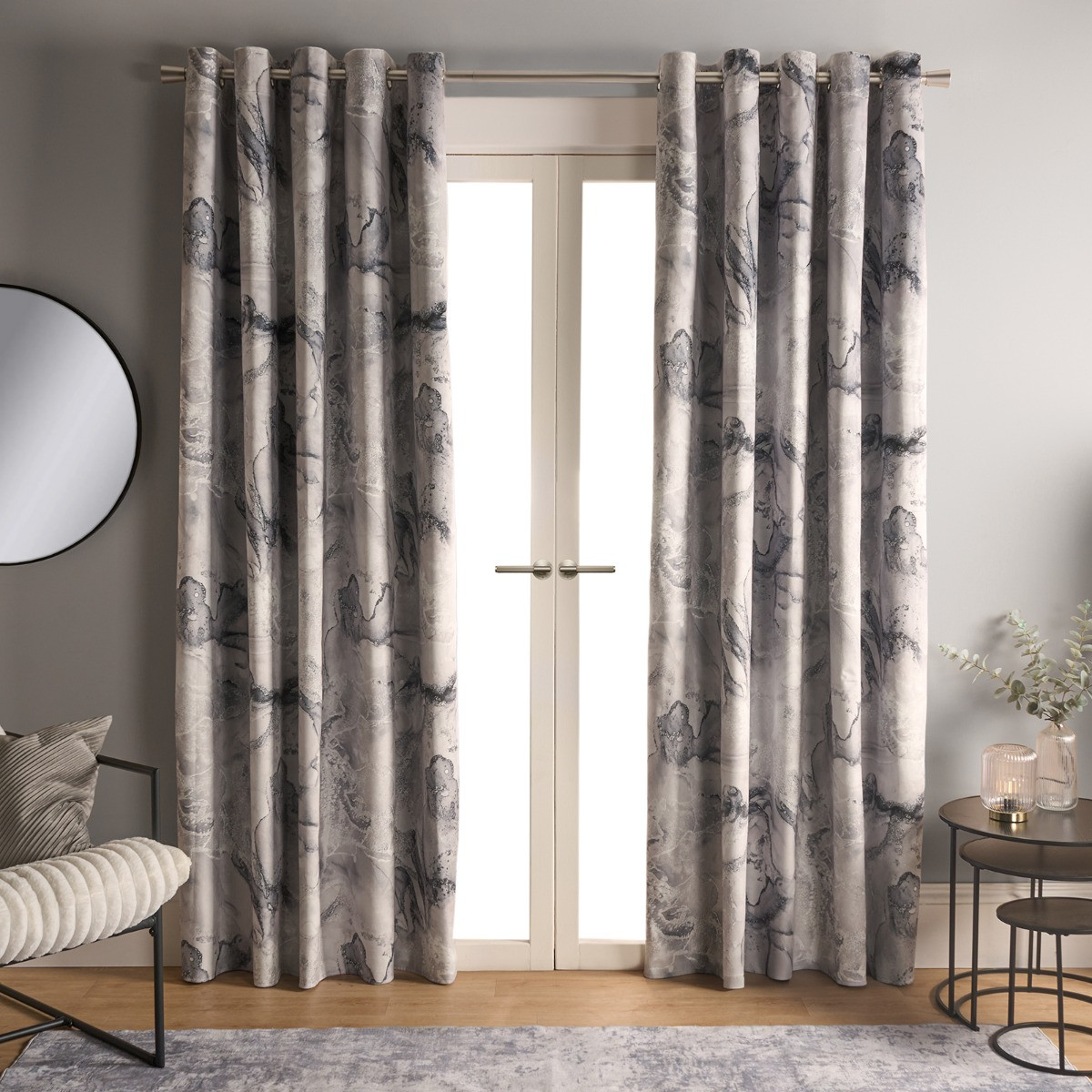 OHS Marble Print Eyelet Blackout Curtains, Grey - 90 x 90in>