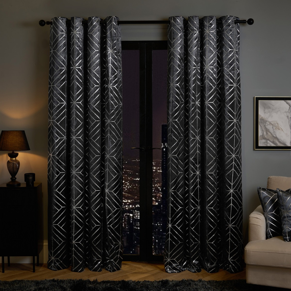 OHS Metallic Geo Print Velvet Eyelet Curtains, Charcoal - 66 x 90">