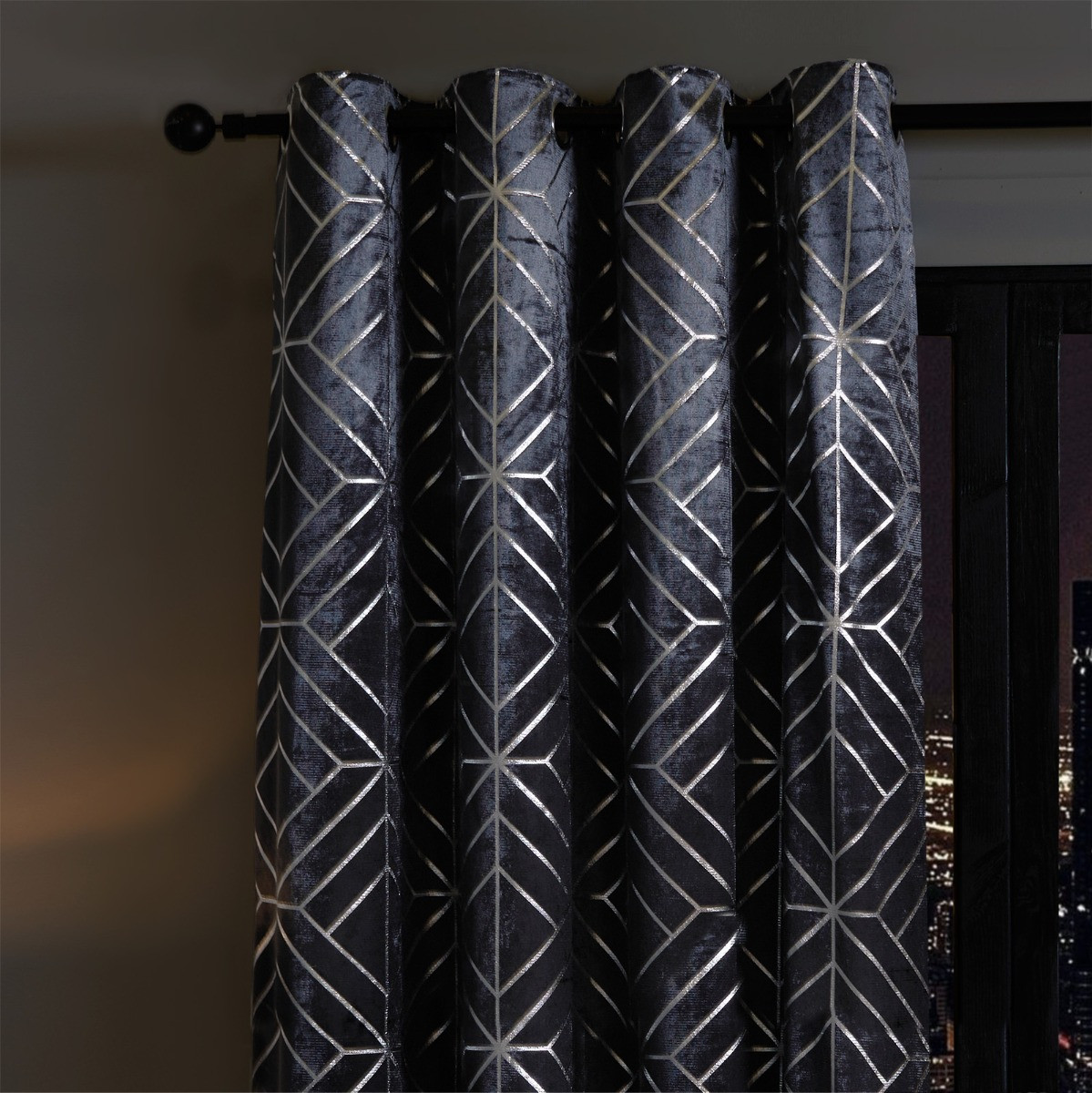 OHS Metallic Geo Print Velvet Eyelet Curtains, Charcoal - 66 x 90">