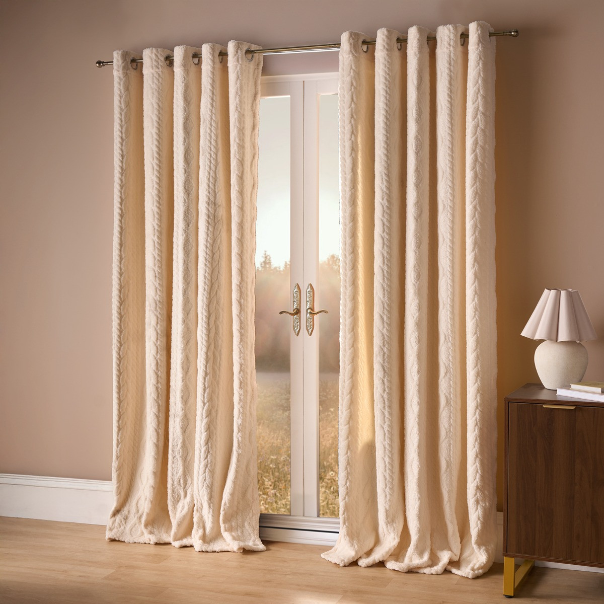 OHS Cable Knit Fleece Thermal Eyelet Curtains, Cream - 46 x 54in>