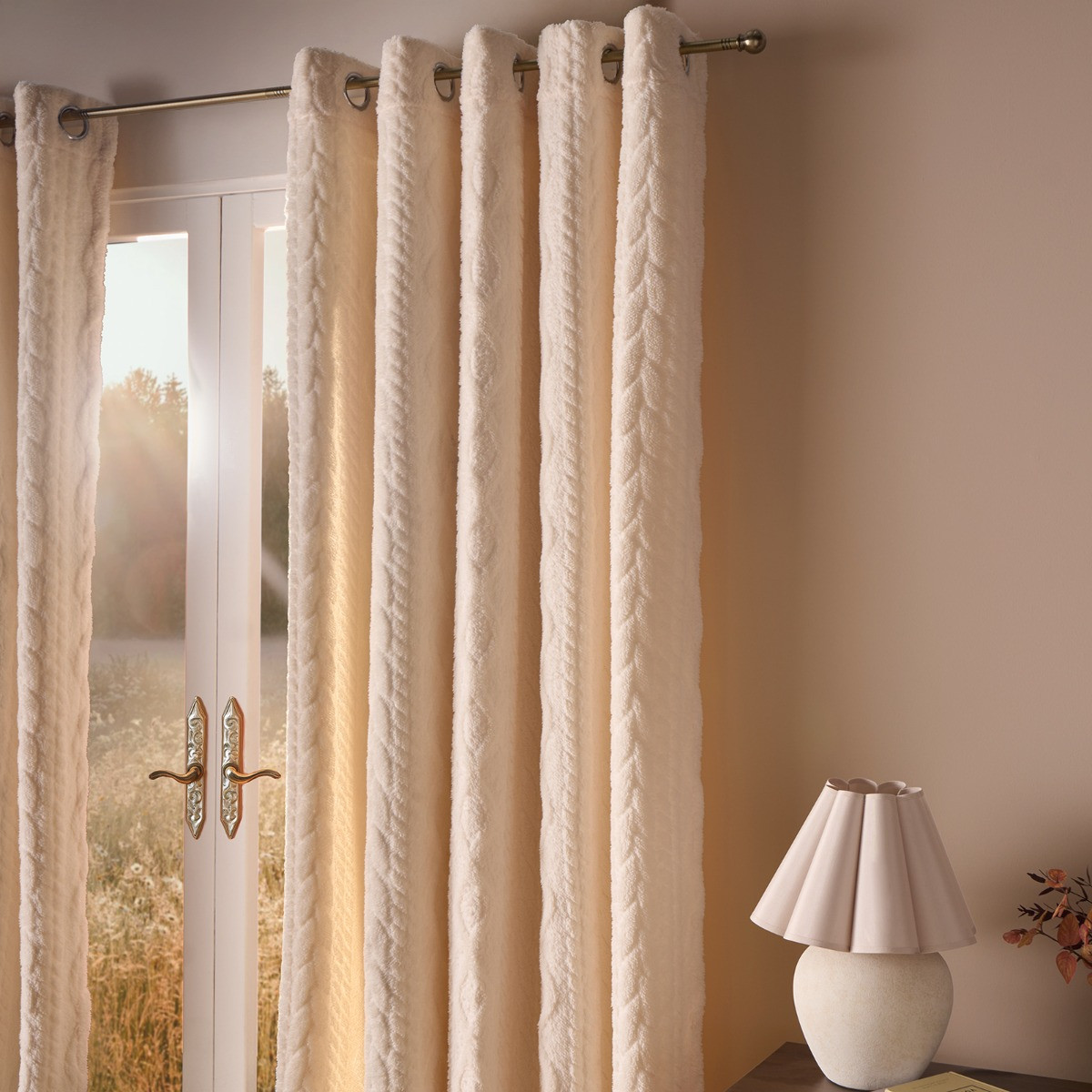OHS Cable Knit Fleece Thermal Eyelet Curtains - Cream>