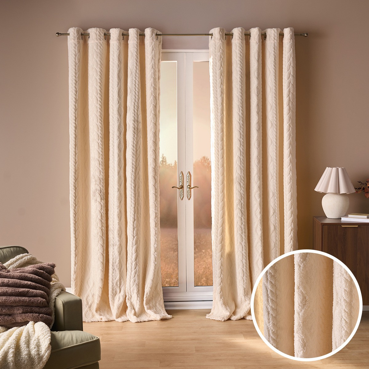OHS Cable Knit Fleece Thermal Eyelet Curtains - Cream>