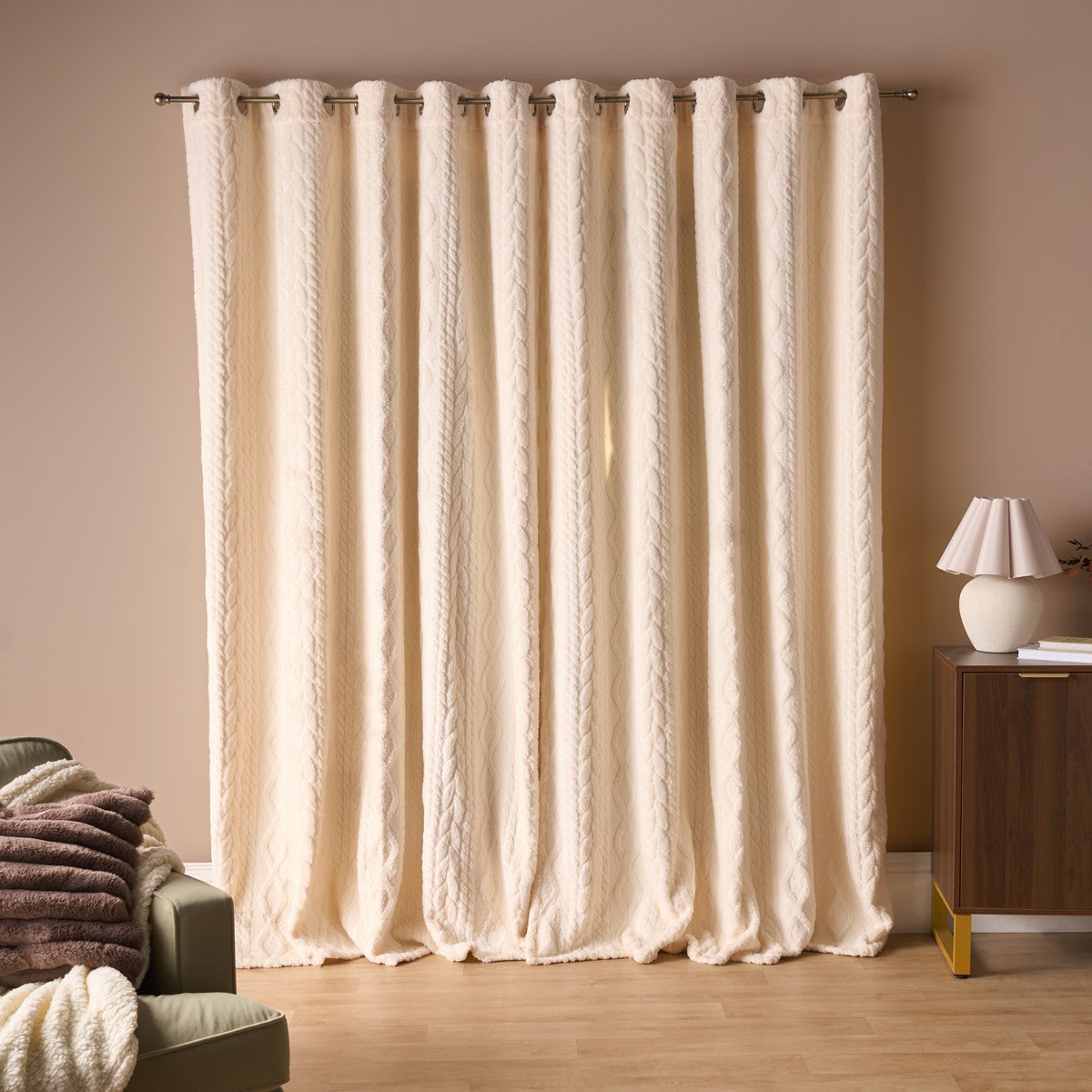 OHS Cable Knit Fleece Thermal Eyelet Curtains - Cream>