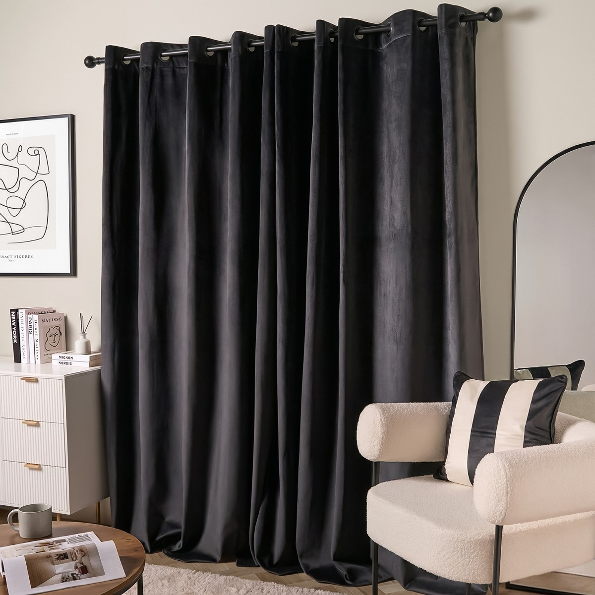 OHS Thermal Velvet Eyelet Curtains, Black - 46 x 72in>