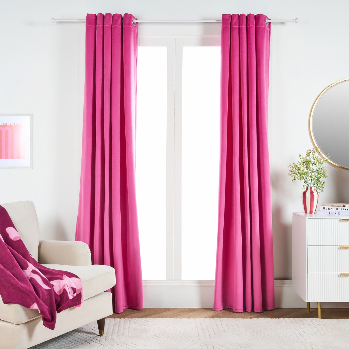 OHS Thermal Velvet Eyelet Curtains, Pink - 66 x 72in>