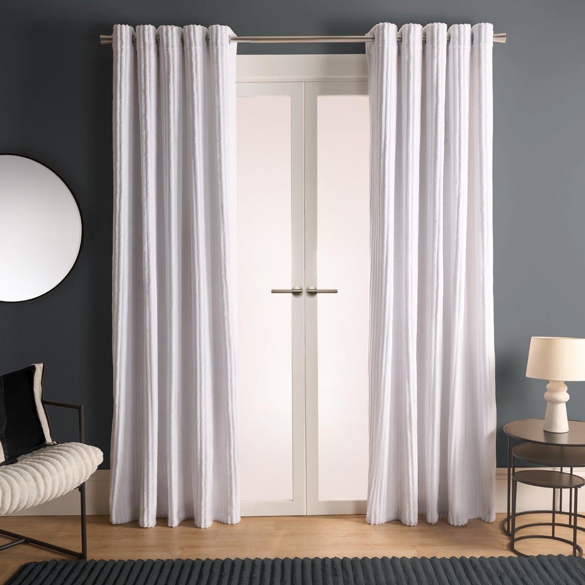 OHS Ribbed Fleece Thermal Curtains, White - 90 x 90in>