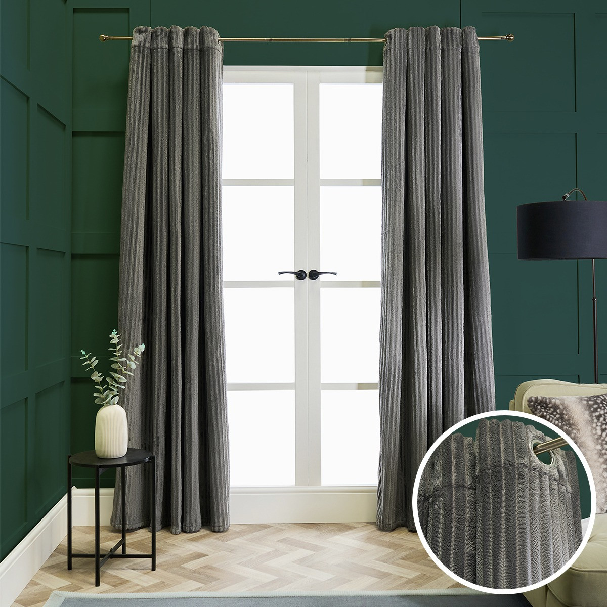 OHS Ribbed Fleece Thermal Curtains, Grey - 66 x 72in>