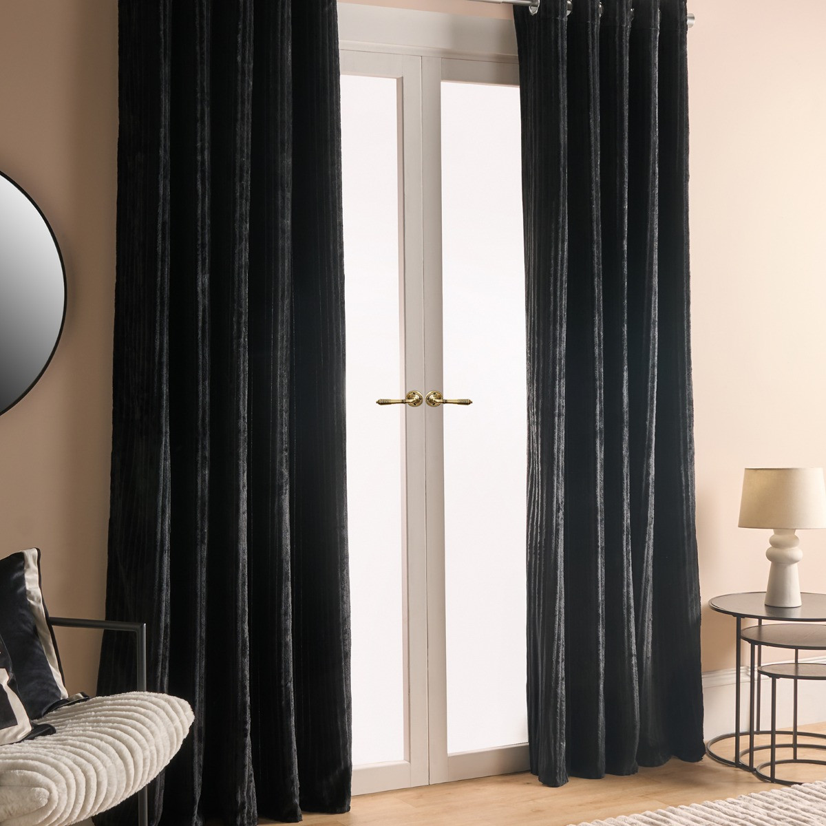 OHS Ribbed Fleece Thermal Eyelet Curtains, Black - 66 x 72in>