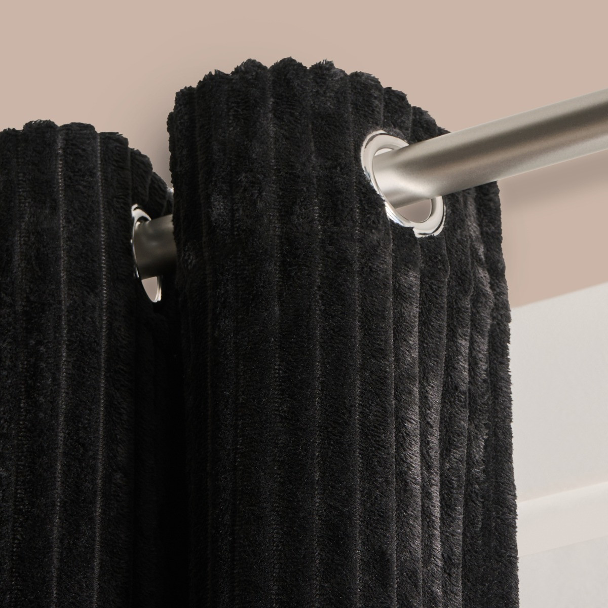 OHS Ribbed Fleece Thermal Eyelet Curtains, Black - 66 x 72in>