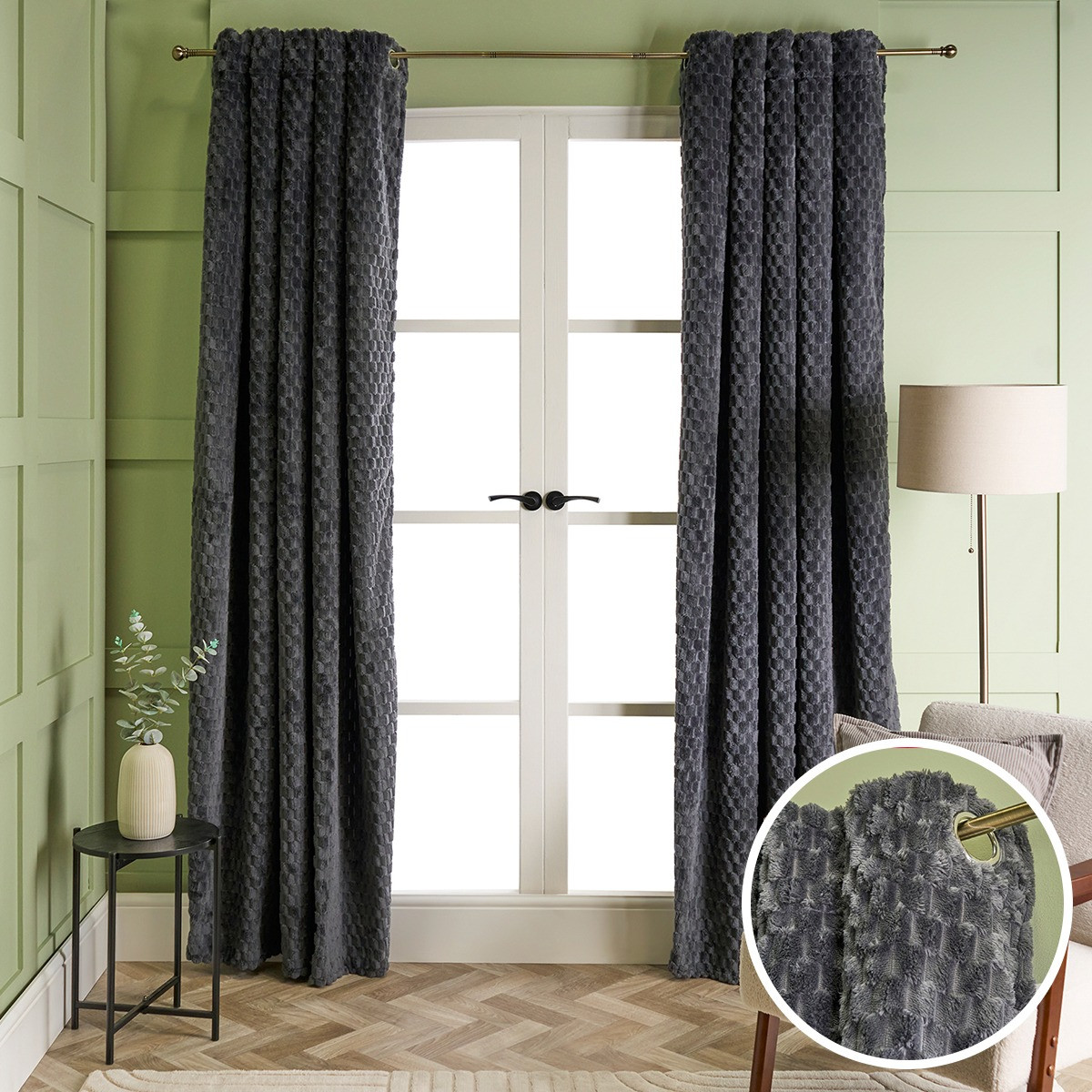 OHS Waffle Fleece Thermal Eyelet Curtains - Charcoal>