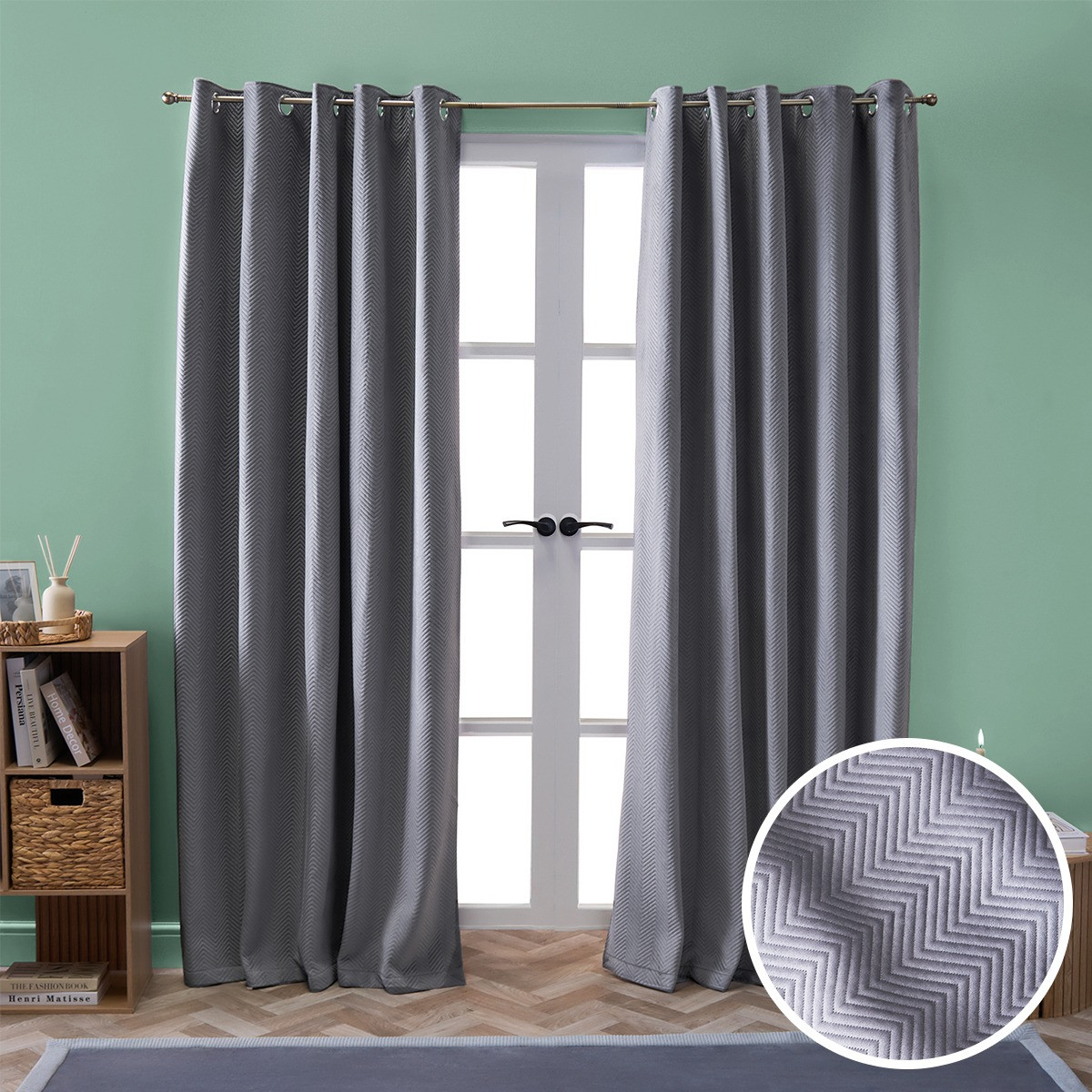 OHS Quilted Velvet Eyelet Curtains - Charcoal>