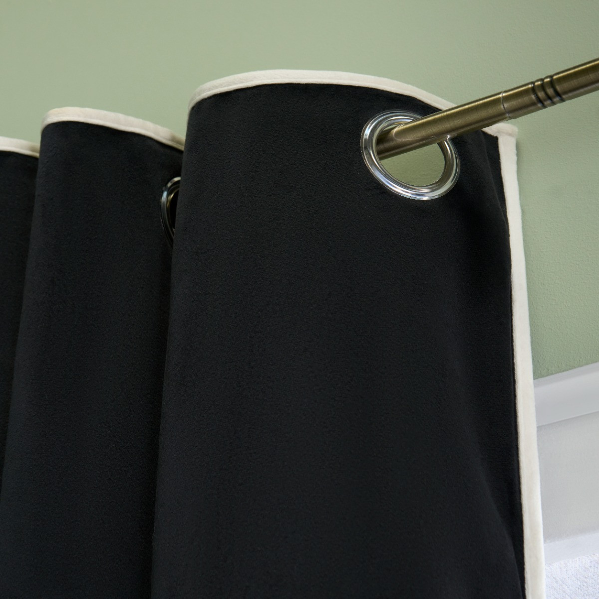 OHS Piped Edge Velvet Eyelet Curtains, Black/Cream - 90 x 90in>