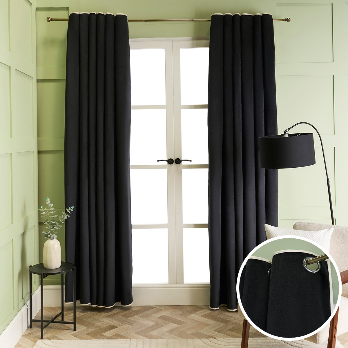 OHS Piped Edge Velvet Eyelet Curtains, Black/Cream - 66 x 72in>