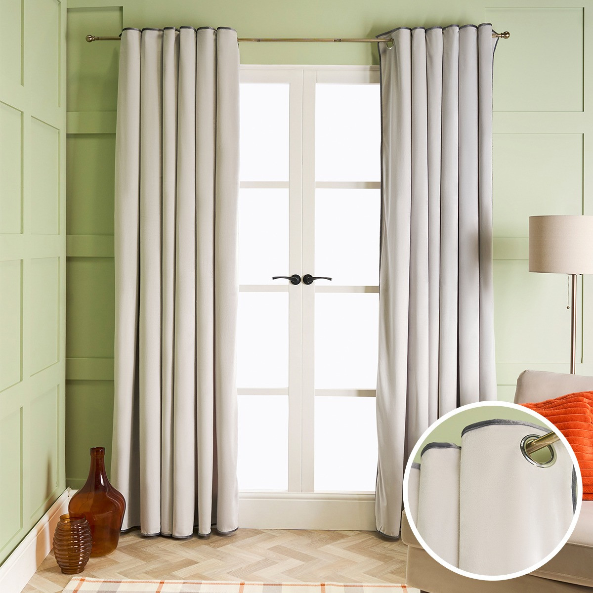 OHS Piped Edge Velvet Eyelet Curtains, Grey - 90 x 90in>
