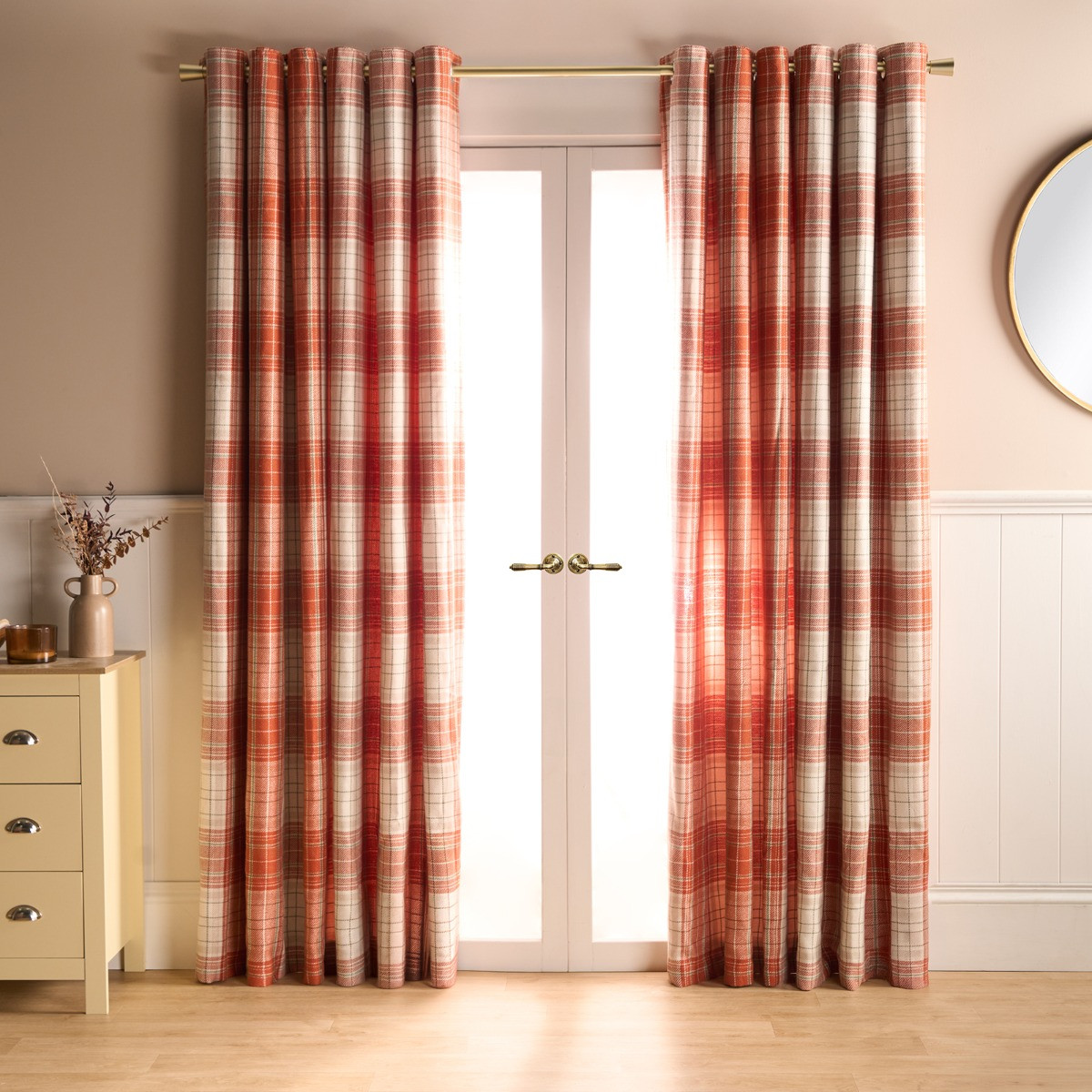 OHS Winsford Woven Check Eyelet Curtains, Rust/Natural - 66 x 90in>