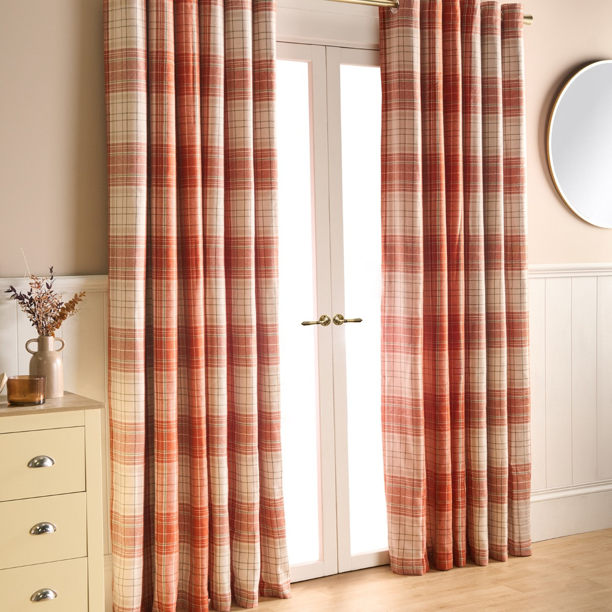 OHS Winsford Woven Check Eyelet Curtains - Rust/Natural>