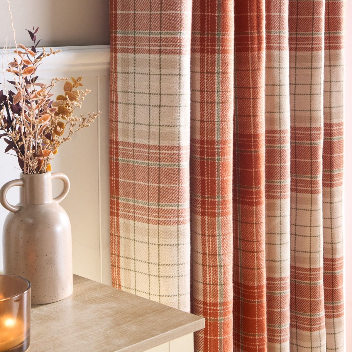 OHS Winsford Woven Check Eyelet Curtains - Rust/Natural>