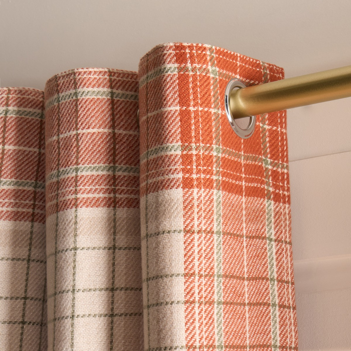 OHS Winsford Woven Check Eyelet Curtains, Rust/Natural - 66 x 90in>
