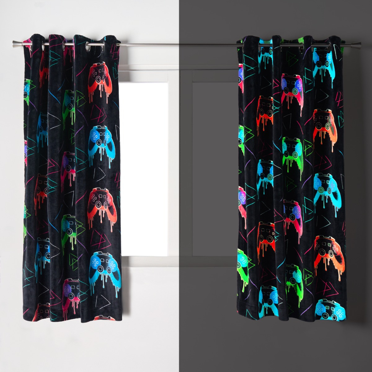 OHS Kids Gaming Print Glow In The Dark Velvet Eyelet Curtains, Multi - 66 x 72in>