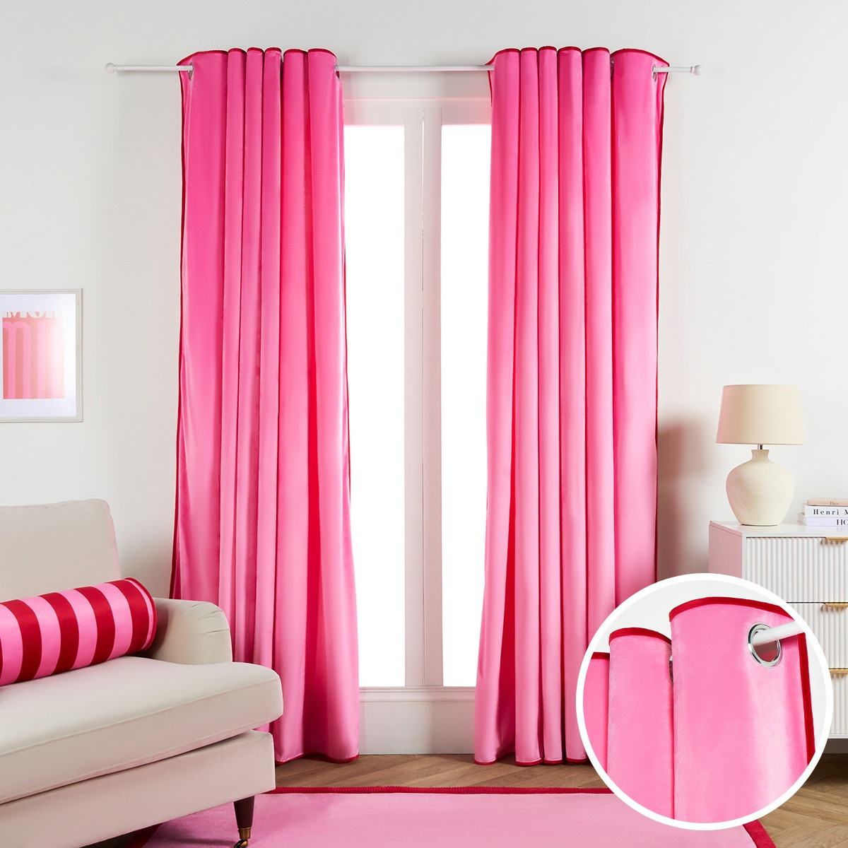 OHS Piped Edge Velvet Eyelet Curtains, Pink/Red - 66 x 72in>