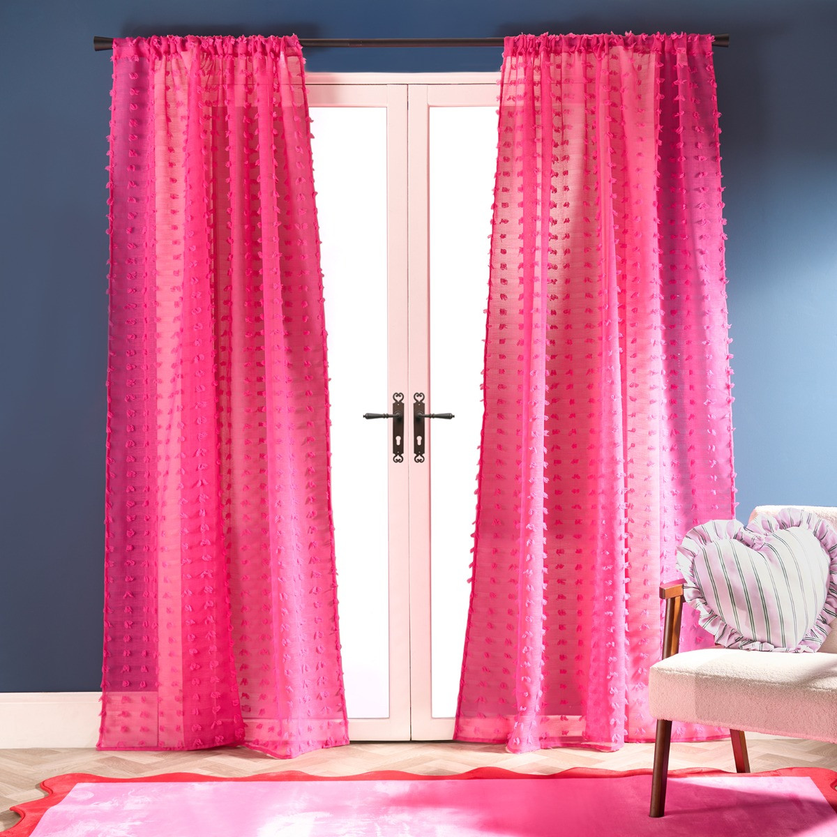 OHS Pompom Tufted Voile Curtains - Hot Pink>