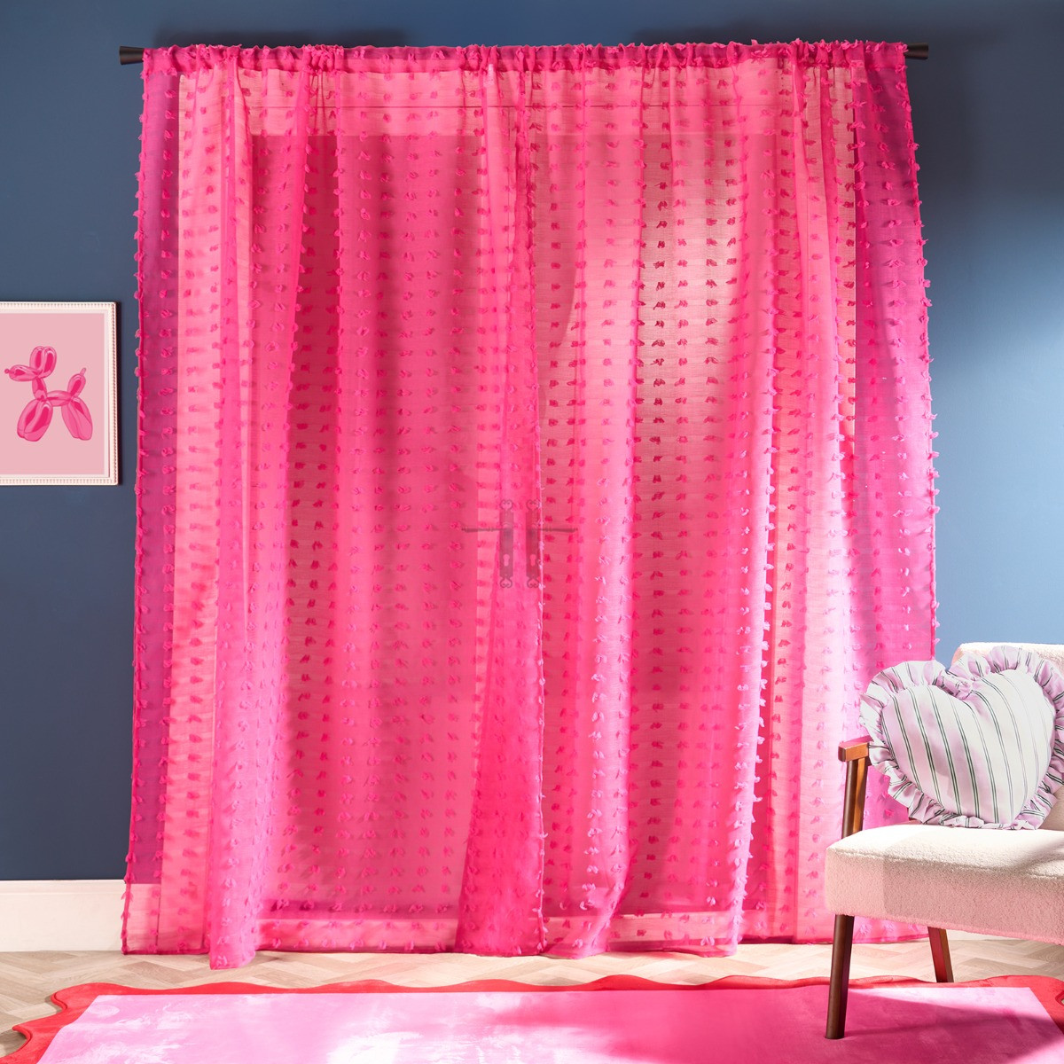 OHS Pompom Tufted Voile Curtains - Hot Pink>
