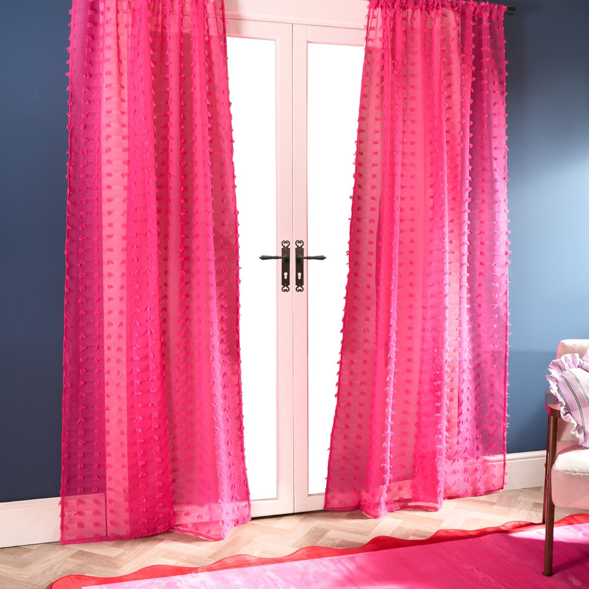 OHS Pompom Tufted Voile Curtains - Hot Pink>
