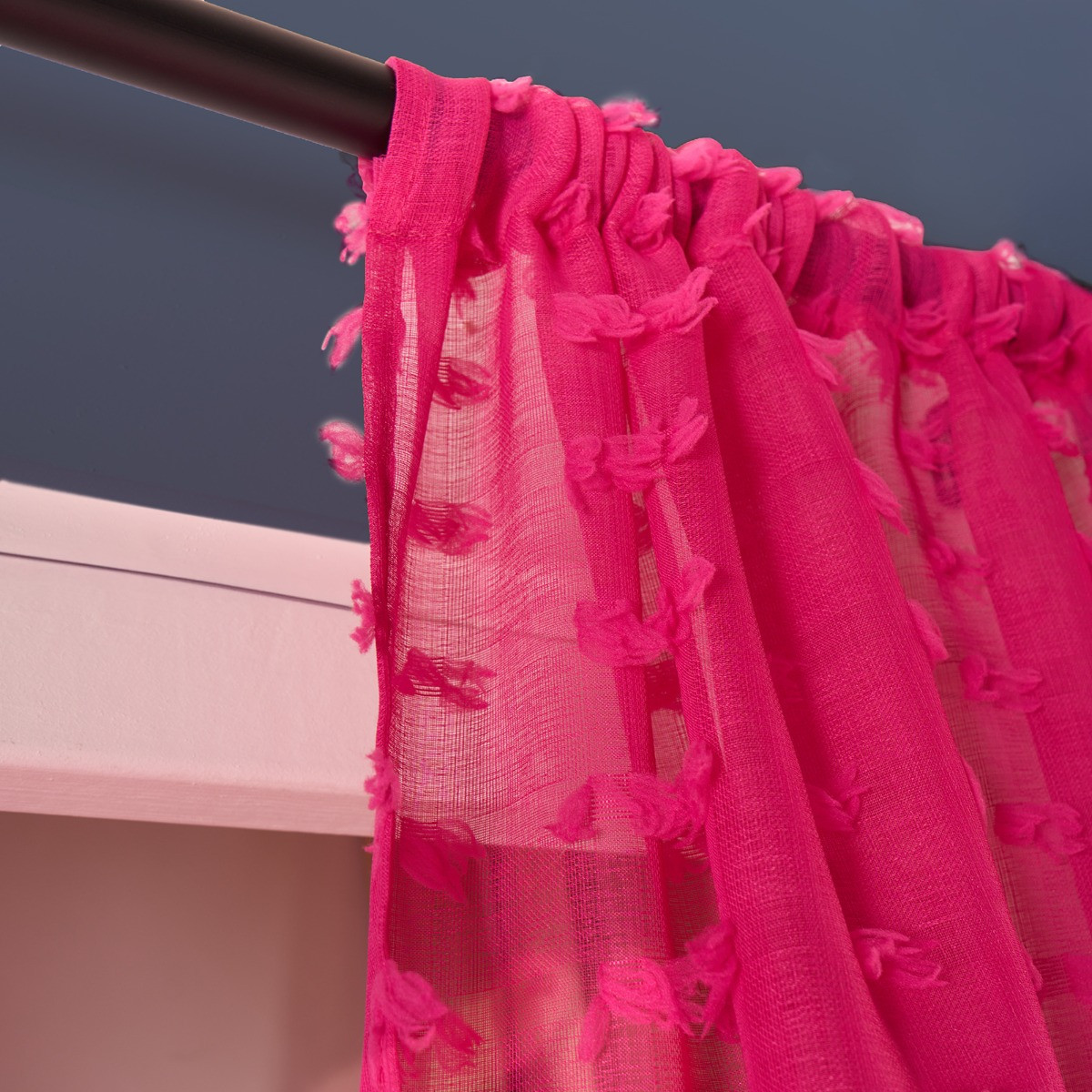 OHS Pompom Tufted Voile Curtains - Hot Pink>