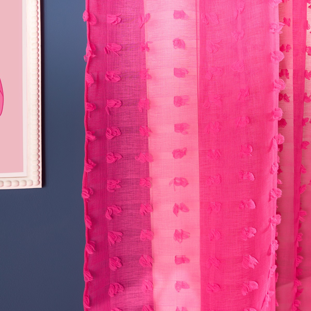 OHS Pompom Tufted Voile Curtains - Hot Pink>
