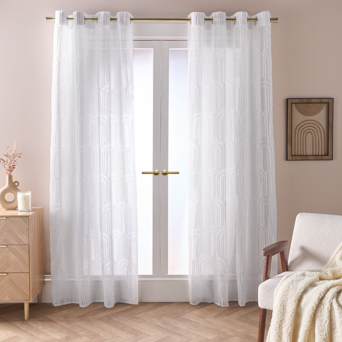 OHS Tufted Arches Voile Curtains - White>