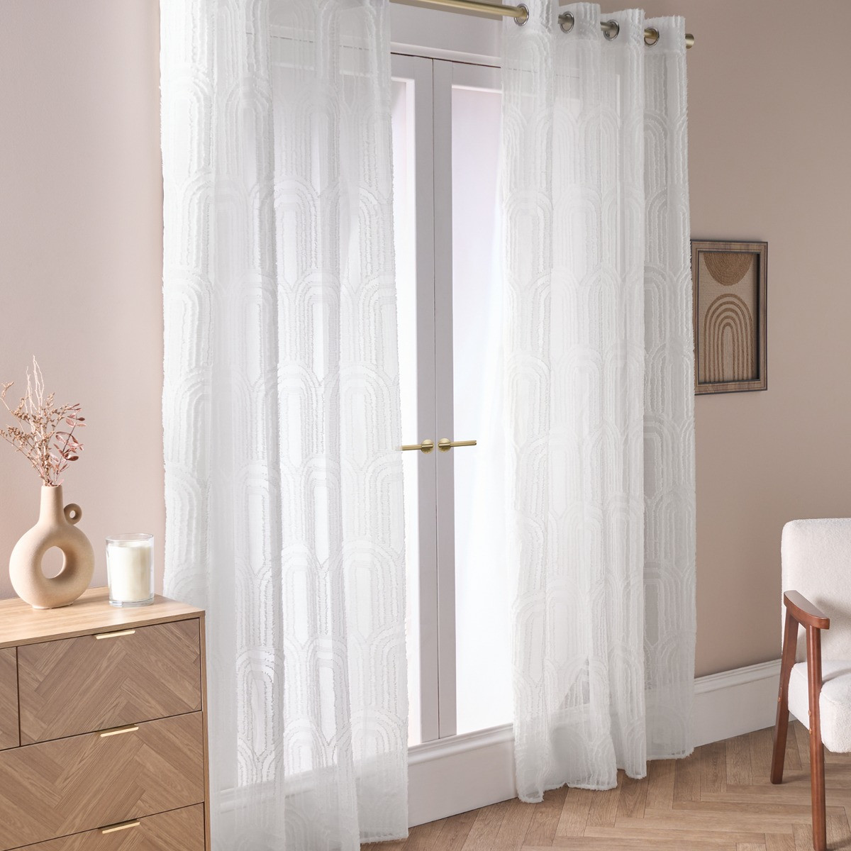OHS Tufted Arches Voile Curtains - White>