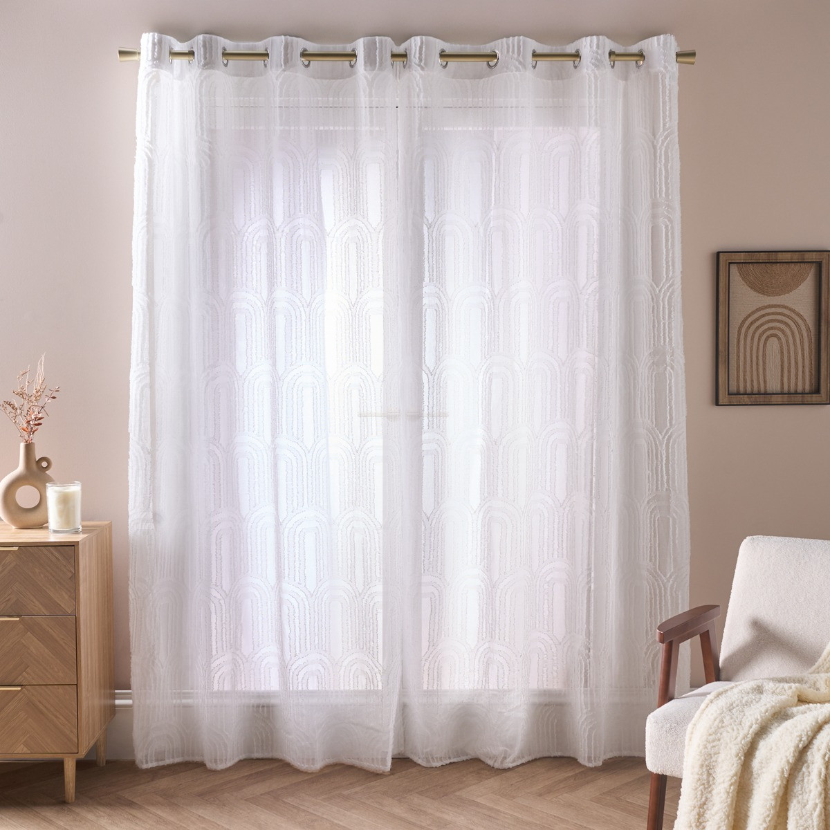 OHS Tufted Arches Voile Curtains - White>