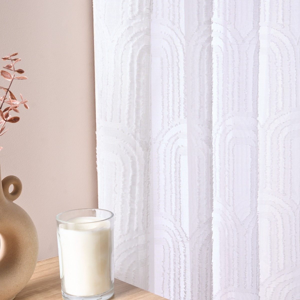 OHS Tufted Arches Voile Curtains - White>